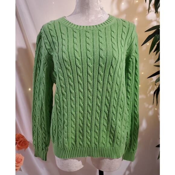 Vtg LL Bean Womens Cable Knit Pullover Fisherman Sweater Size XL Green Cotton - Picture 1 of 10